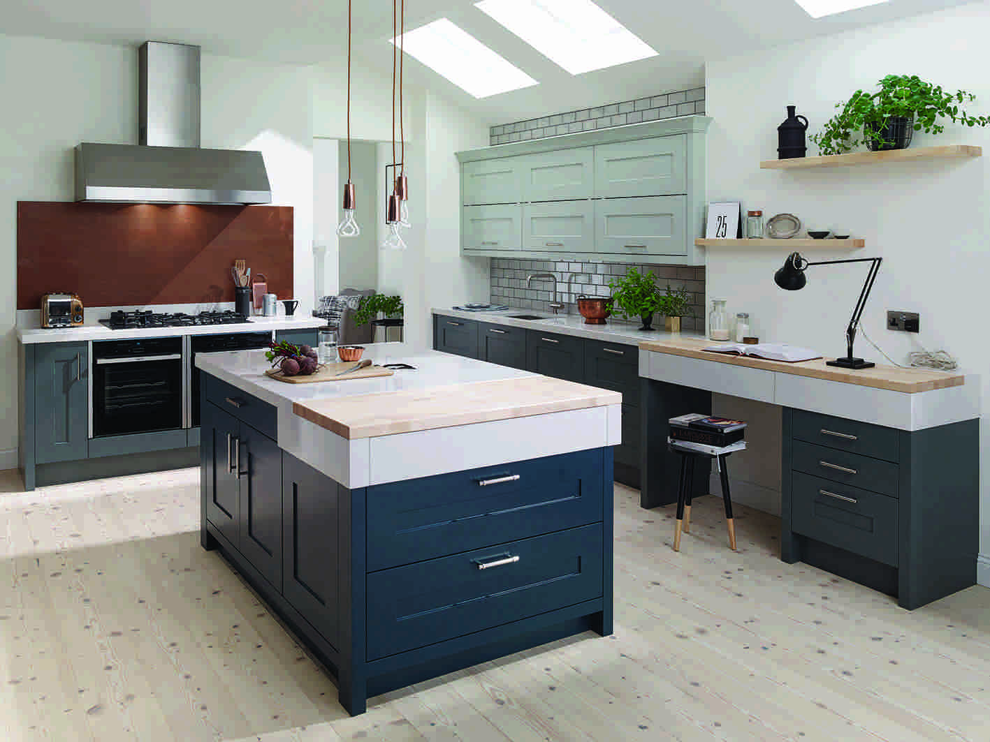 Bespoke Contemporary Blue Wooden kitchen with island by Haroys Interiors Dorset