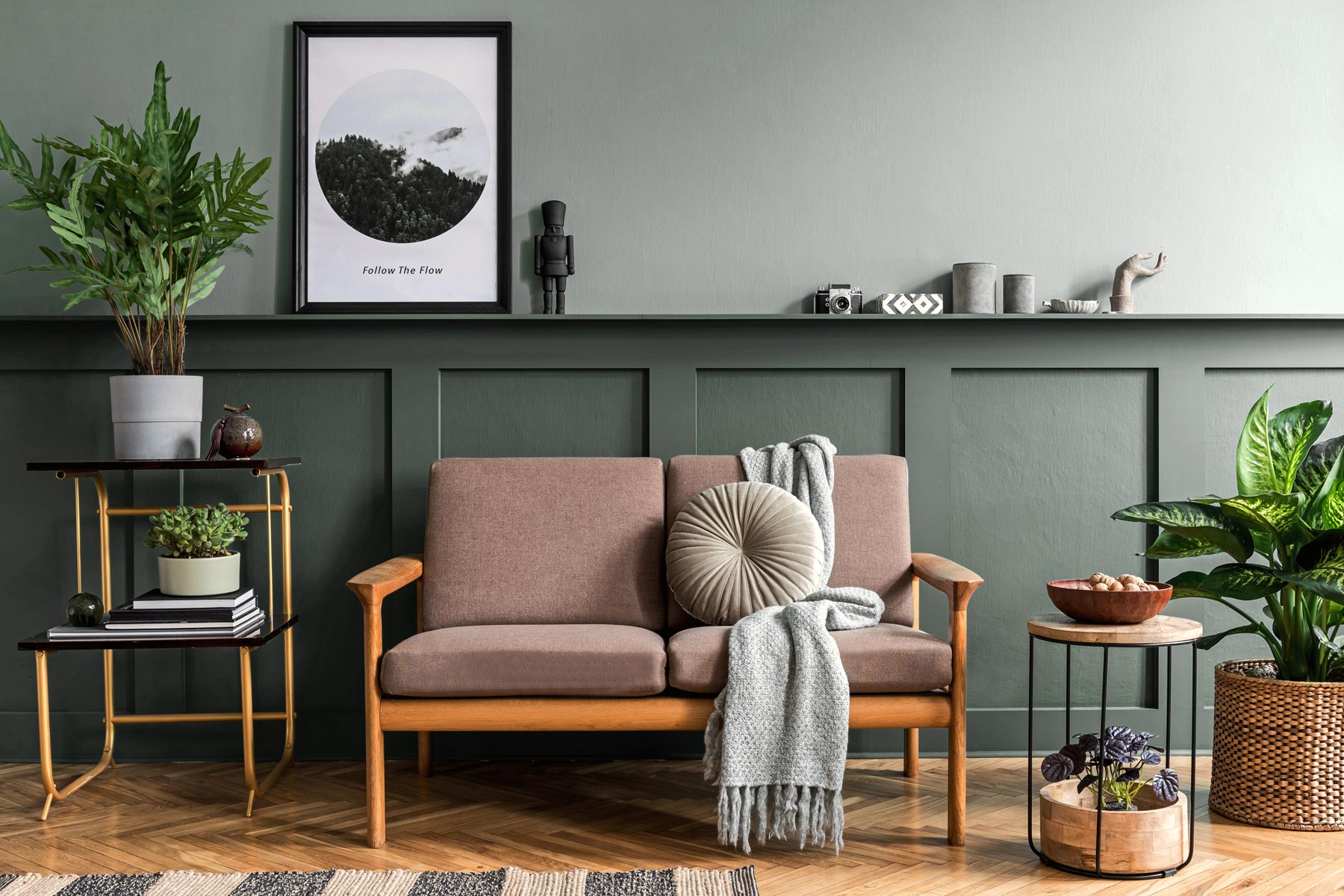 Stylish interior of living room with designer furniture.
